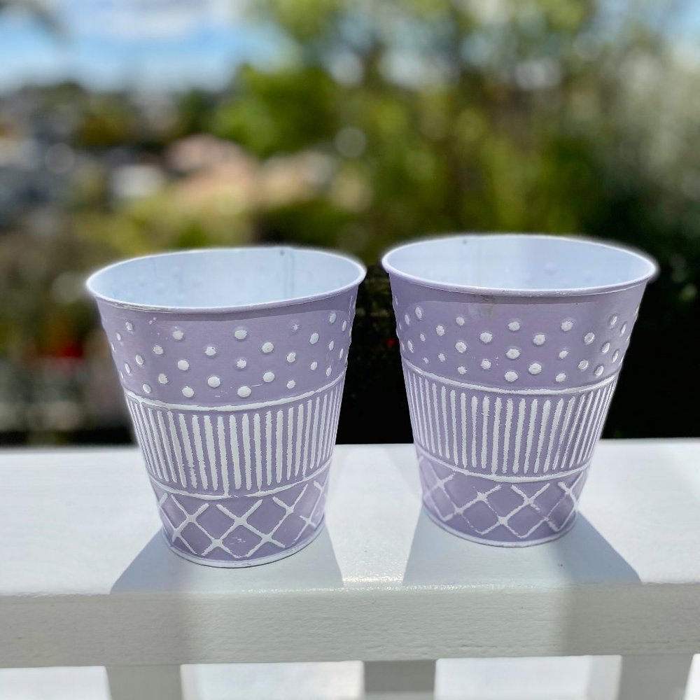 Pair of Lavender Painted Metal Plant Pots